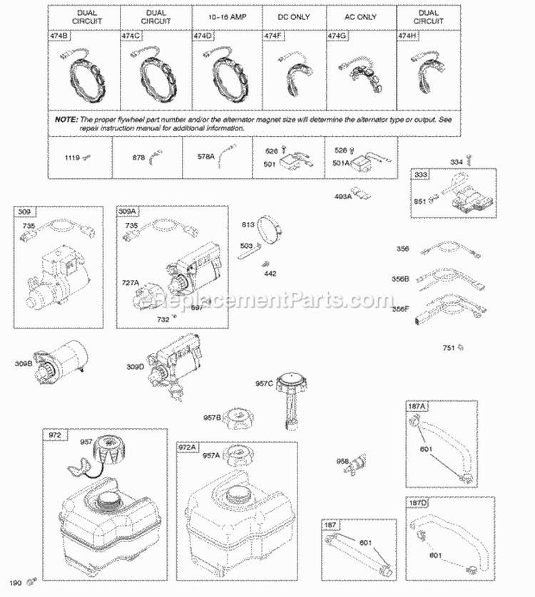 Alternator Electric Starter Fuel Supply Ignition Diagram and Parts List for 21M417-0171-E1  Briggs and Stratton Engine